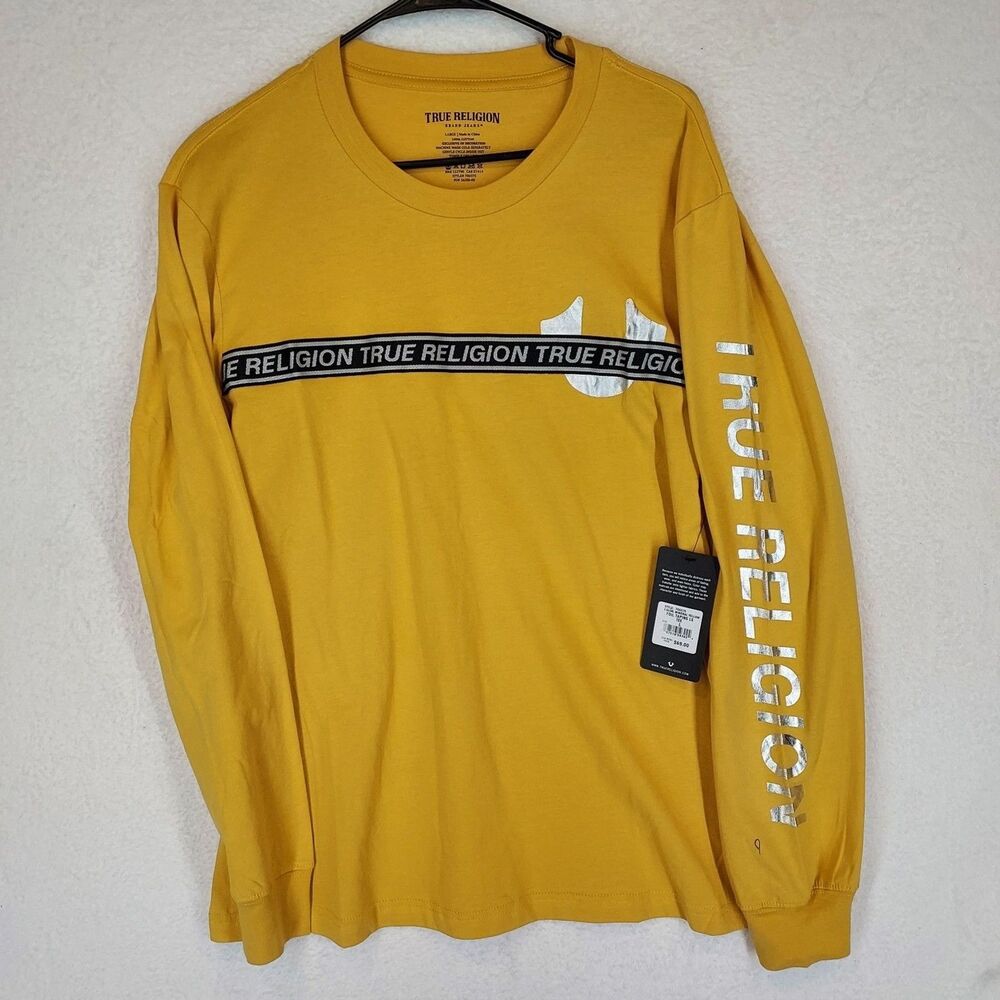 True Religion Mens Mineral Yellow Foil Taping LS Tee Sz L Cotton 700375